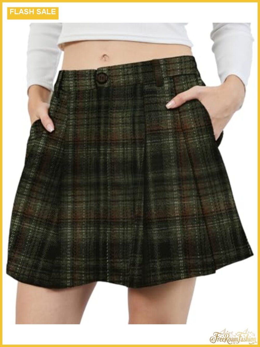 Women's Plaid Mini Pleated Skirt High Waist A-Line with Pockets